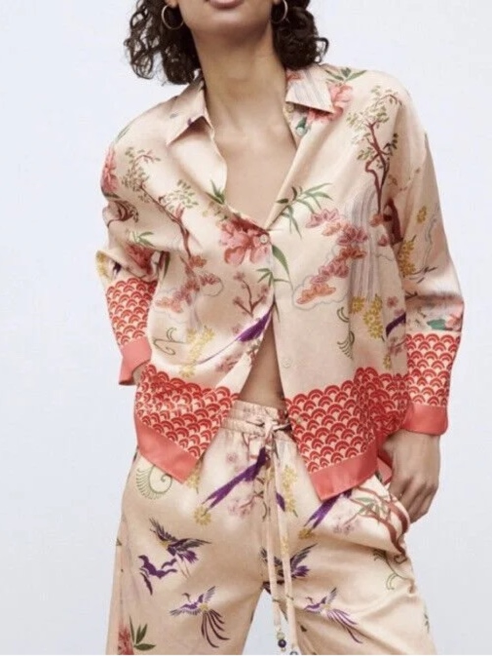 Zara Peach-Pink Floral Satin shirt